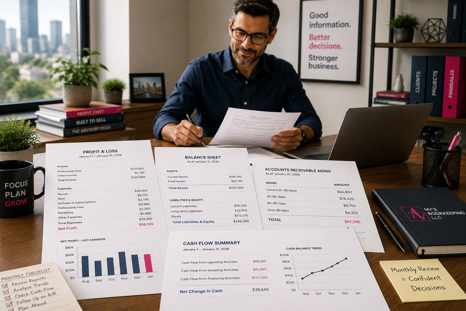 Professional service firm owner reviewing monthly financial reports with an advisor