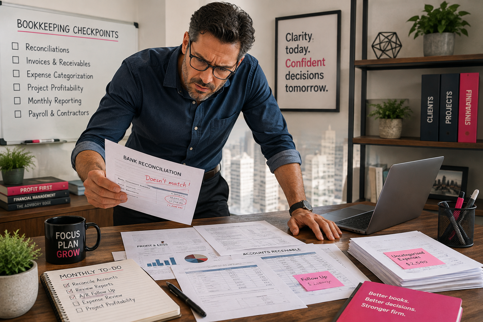 Professional service firm owners reviewing bookkeeping records and financial reports, looking for mistakes