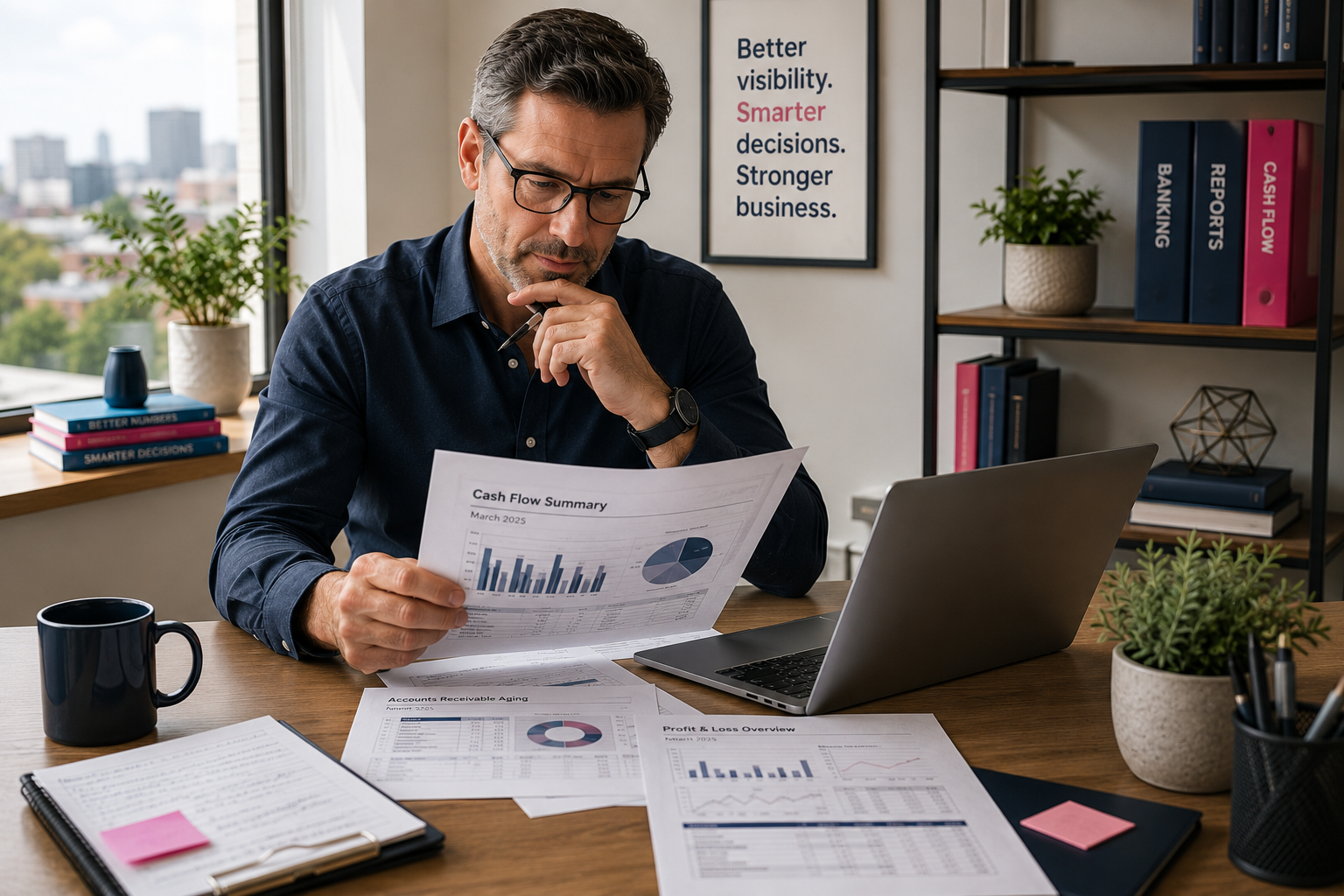 Professional service firm owner reviewing cash flow and financial reports with an advisor